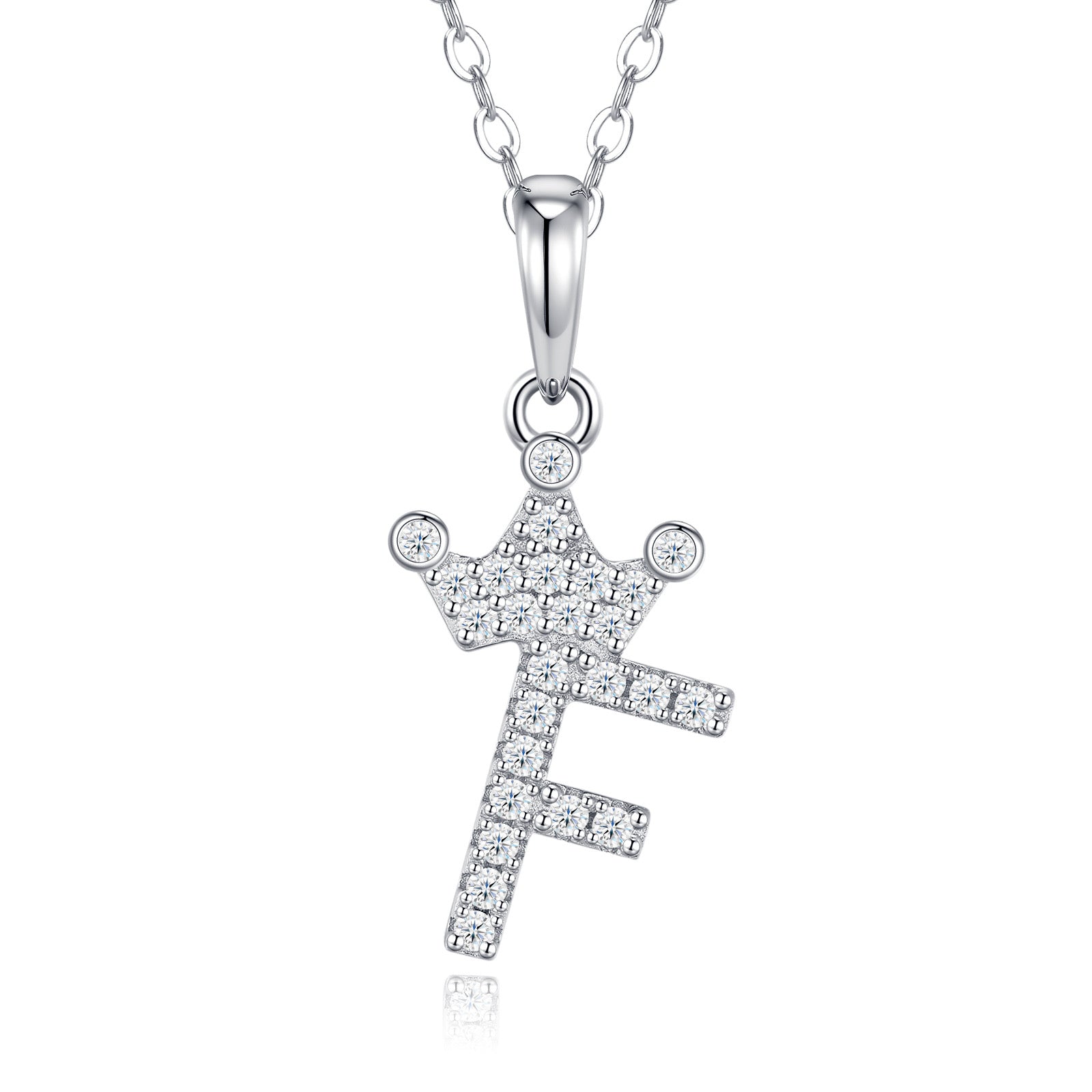 Dainty Initial F Moissanite Crown Pendant Necklace in Sterling Silver