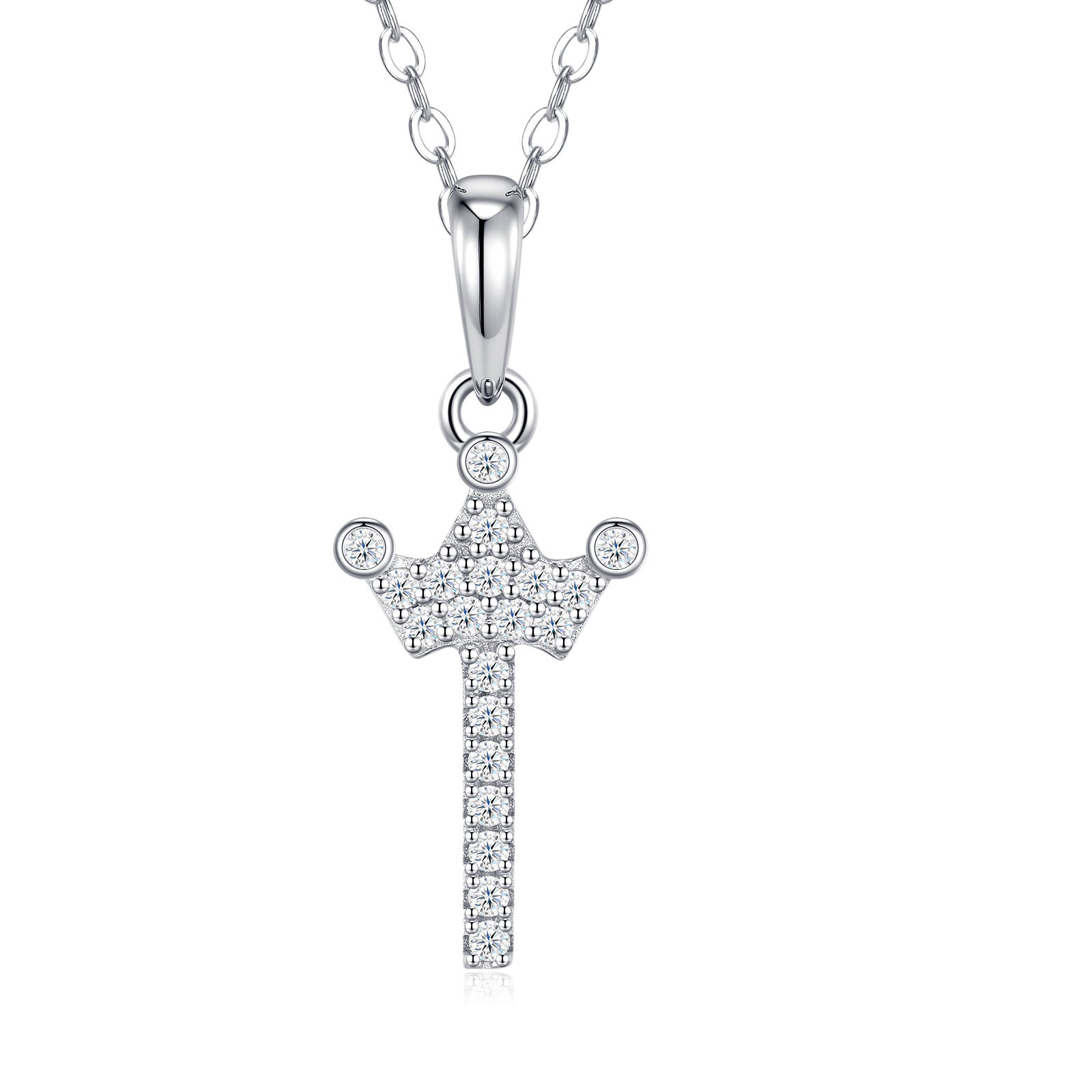 Dainty Initial I Moissanite Crown Pendant Necklace in Sterling Silver