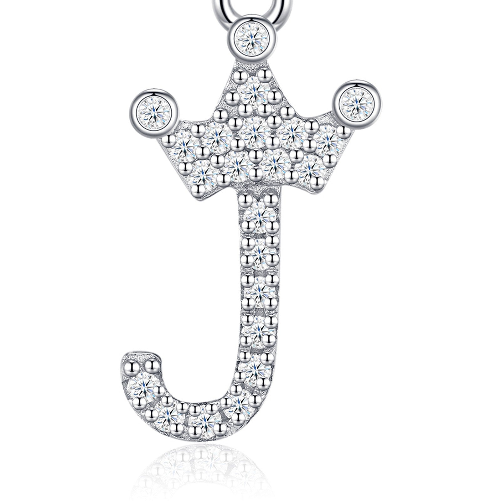 Dainty Initial J Moissanite Crown Pendant Necklace in Sterling Silver — detail