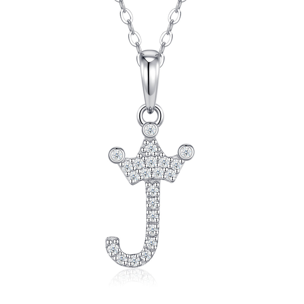 Dainty Initial J Moissanite Crown Pendant Necklace in Sterling Silver