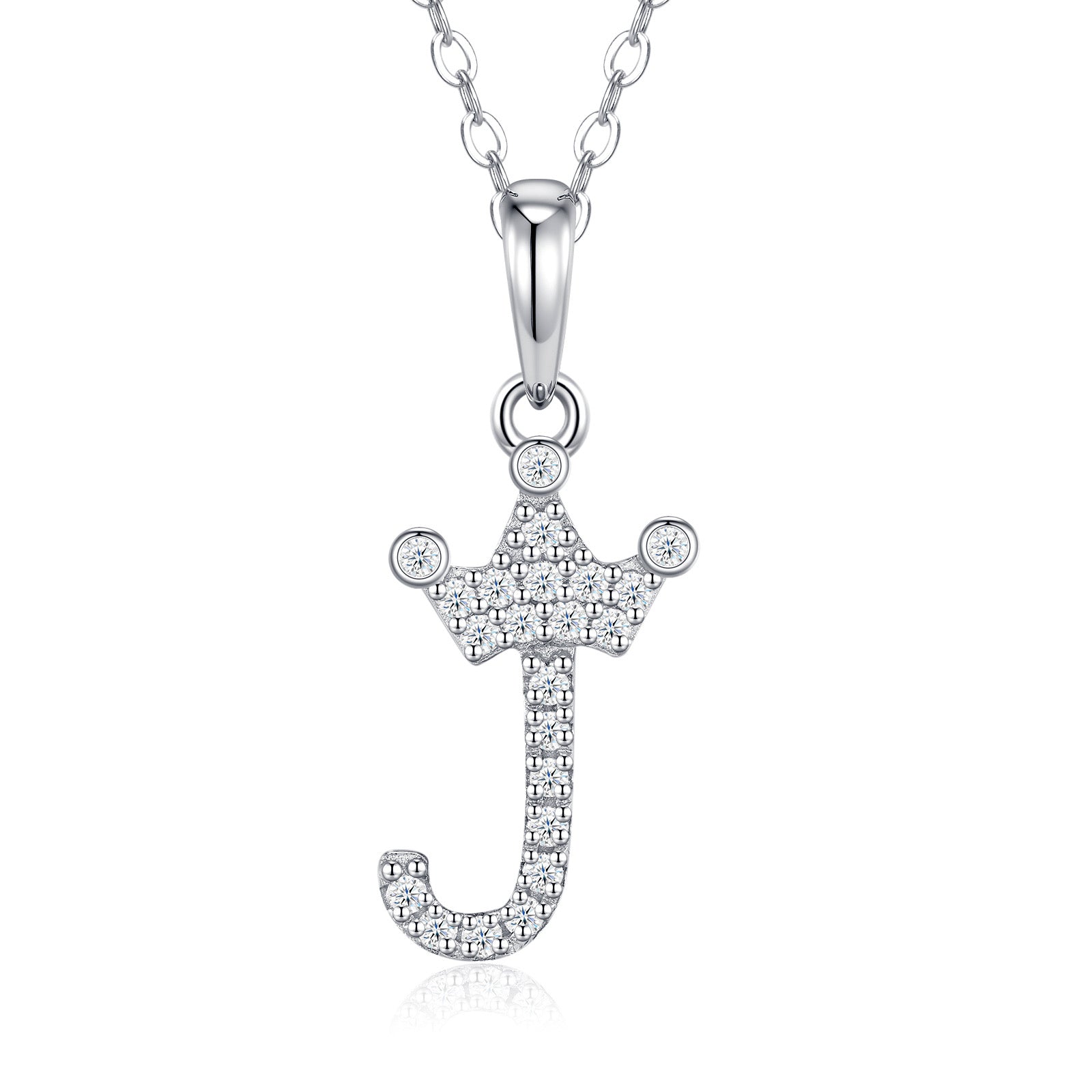 Dainty Initial J Moissanite Crown Pendant Necklace in Sterling Silver