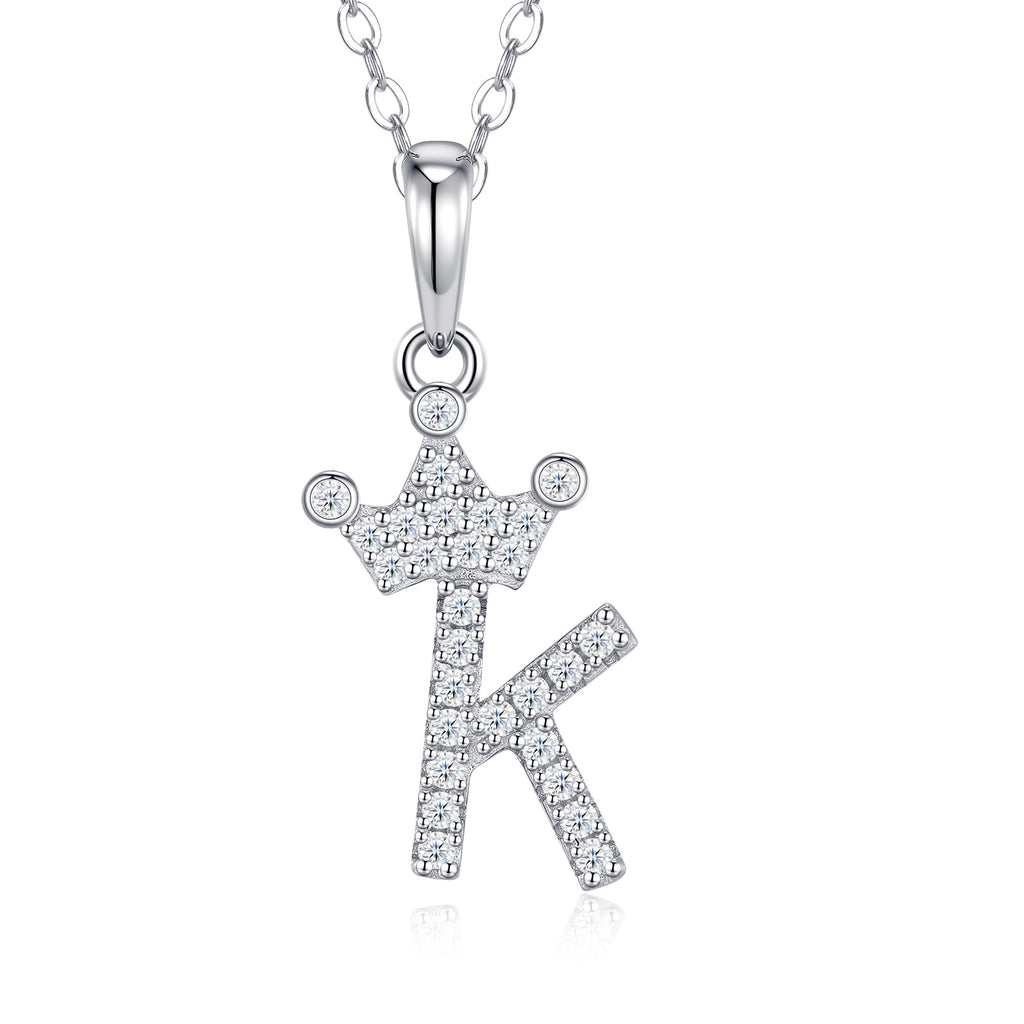Dainty Initial K Moissanite Crown Pendant Necklace in Sterling Silver