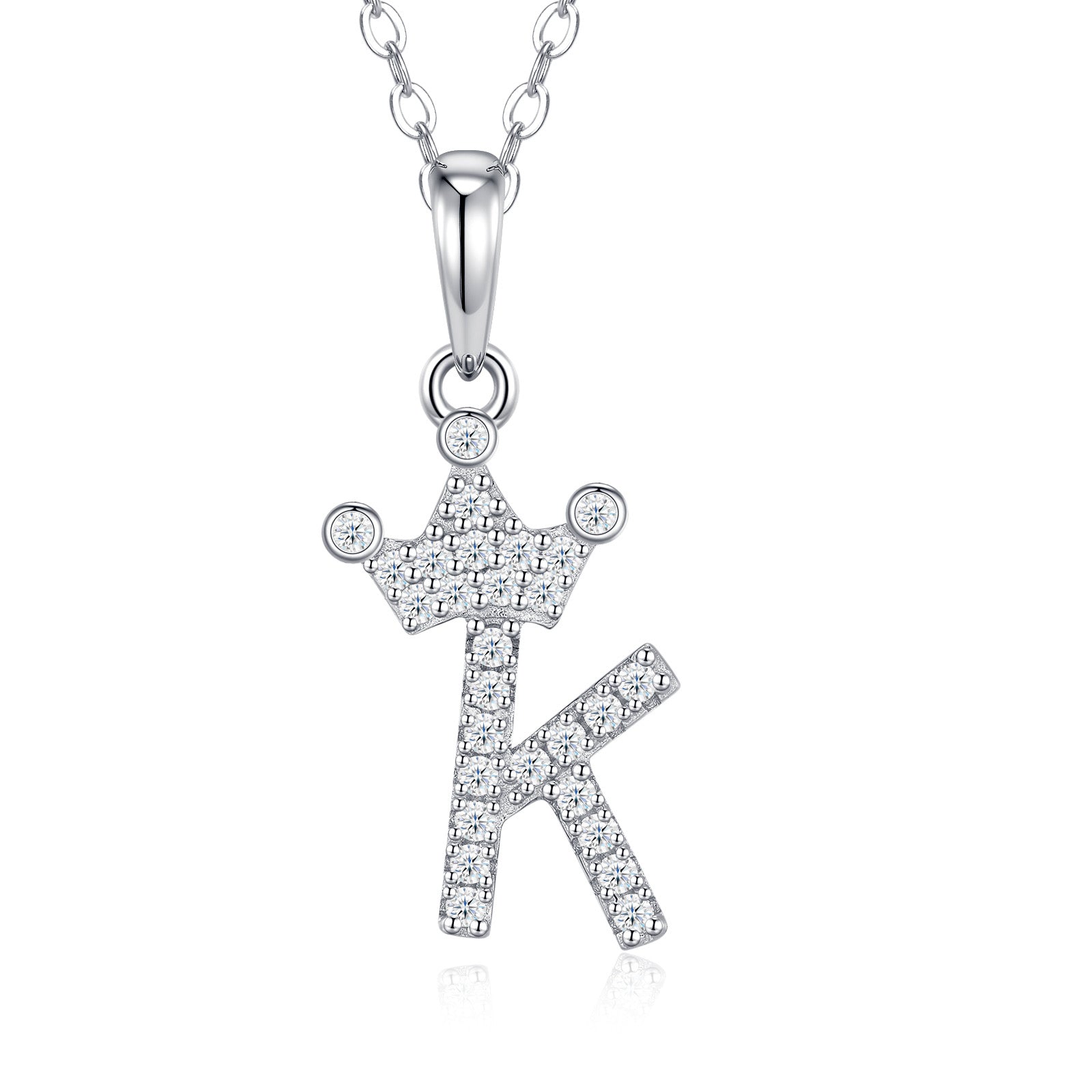 Dainty Initial K Moissanite Crown Pendant Necklace in Sterling Silver