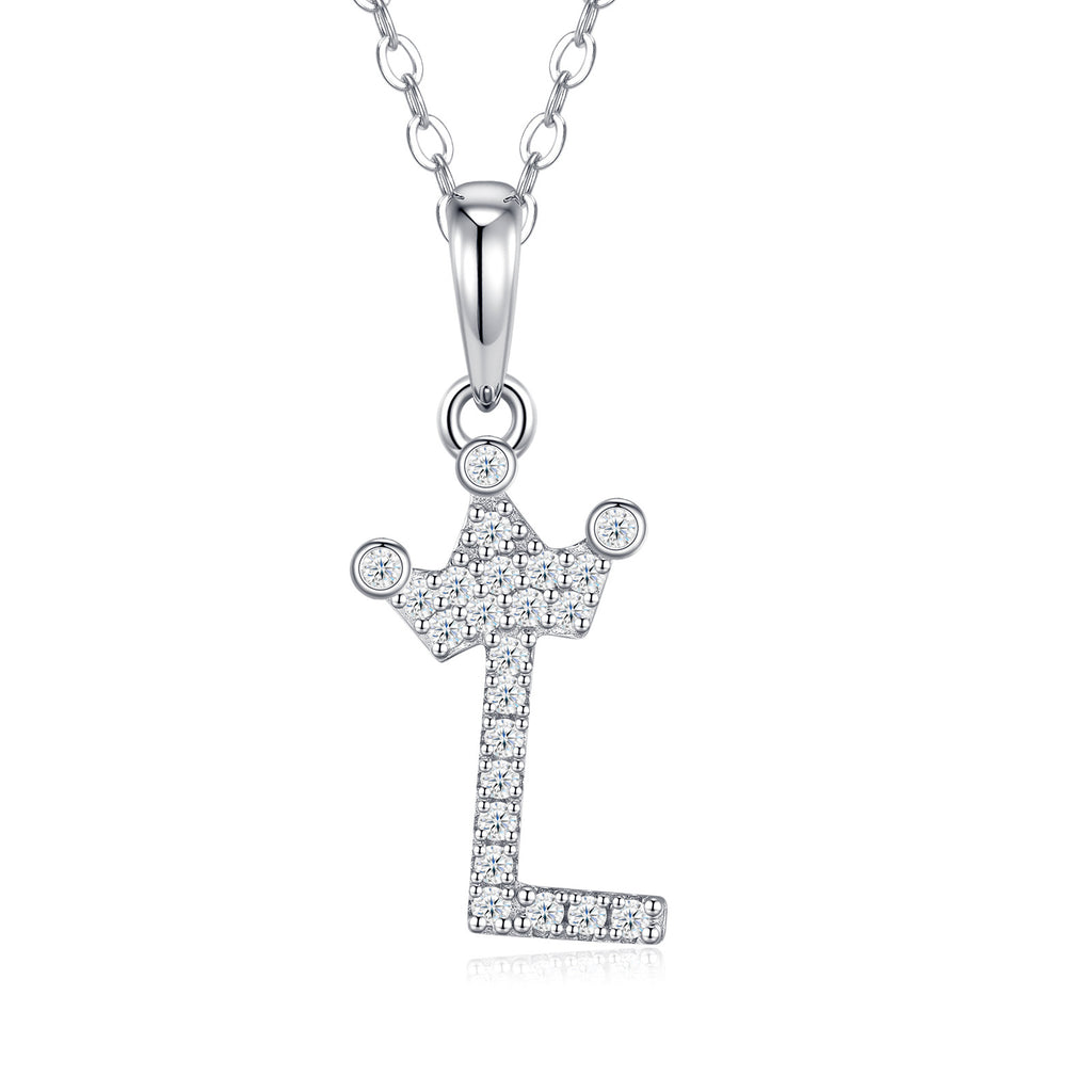 Dainty Initial L Moissanite Crown Pendant Necklace in Sterling Silver