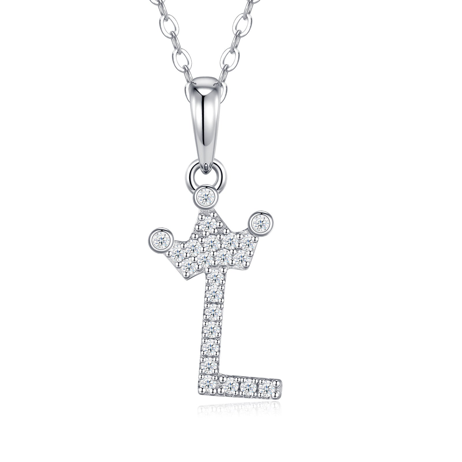 Dainty Initial L Moissanite Crown Pendant Necklace in Sterling Silver