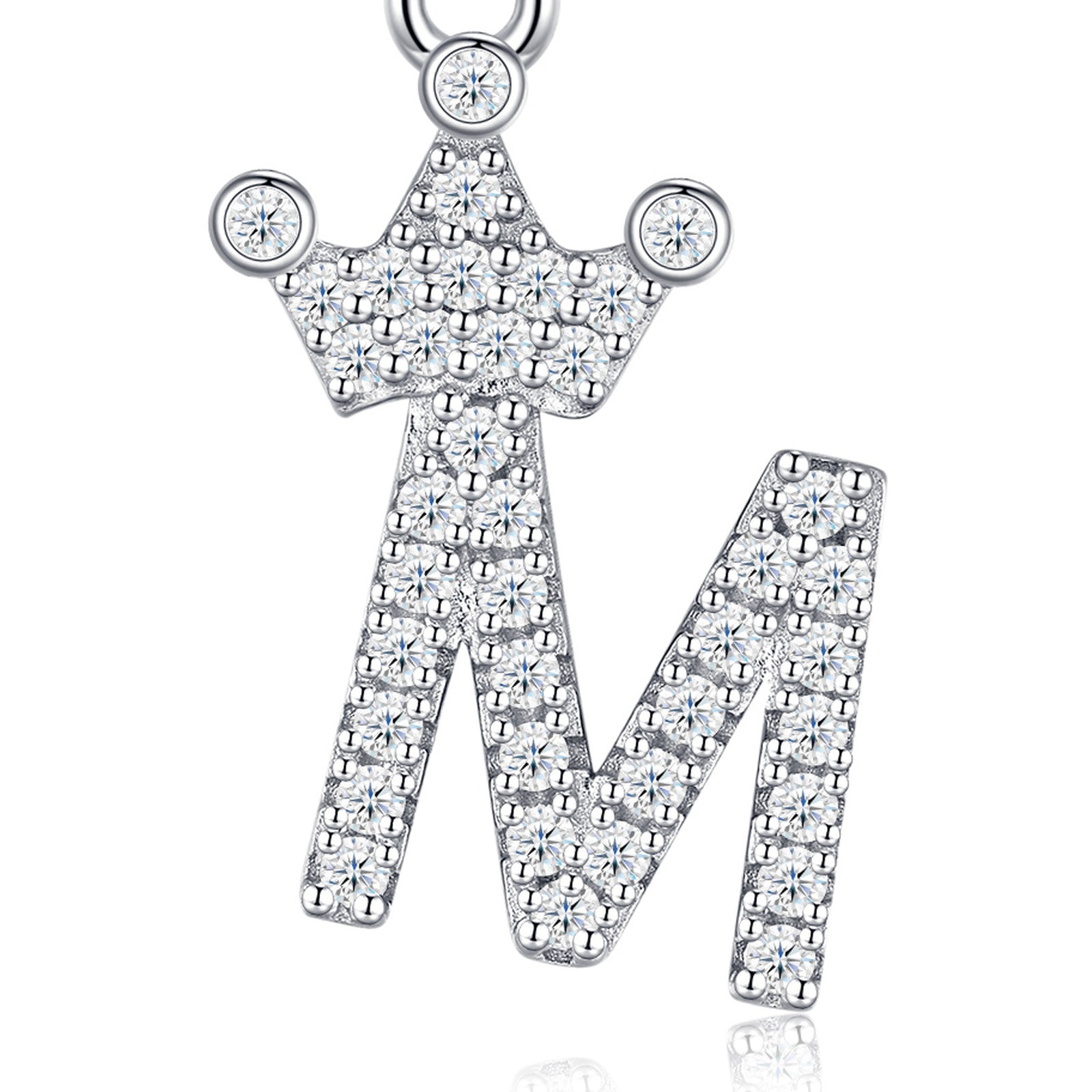Dainty Initial M Moissanite Crown Pendant Necklace in Sterling Silver — detail