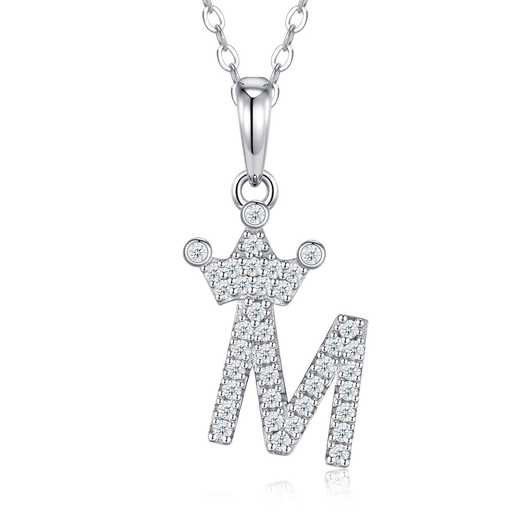 Dainty Initial M Moissanite Crown Pendant Necklace in Sterling Silver