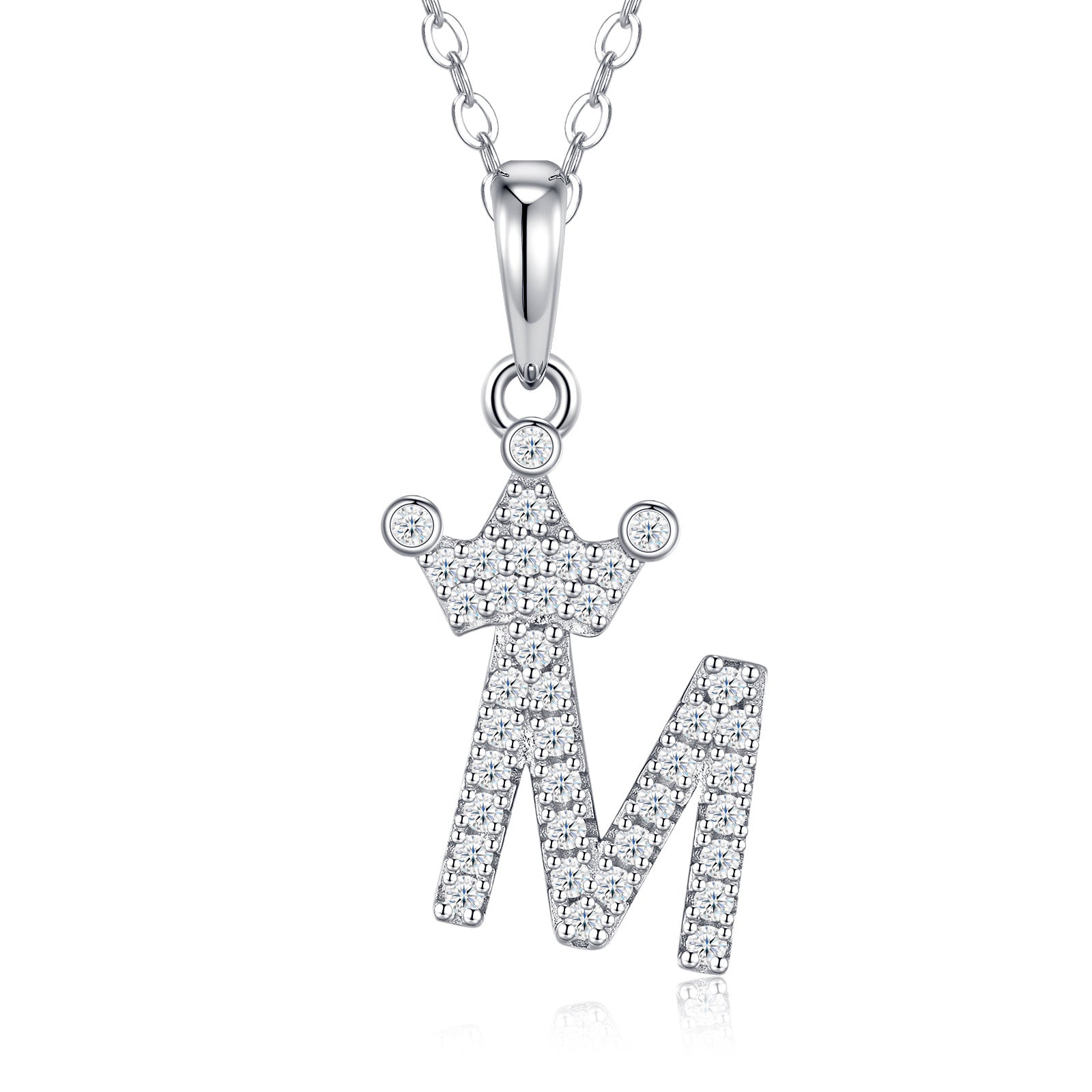 Dainty Initial M Moissanite Crown Pendant Necklace in Sterling Silver