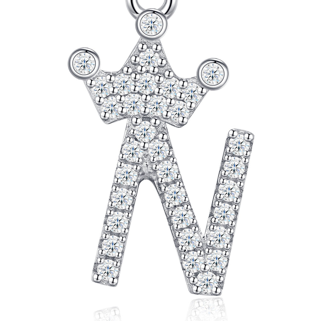 Dainty Initial N Moissanite Crown Pendant Necklace in Sterling Silver — detail