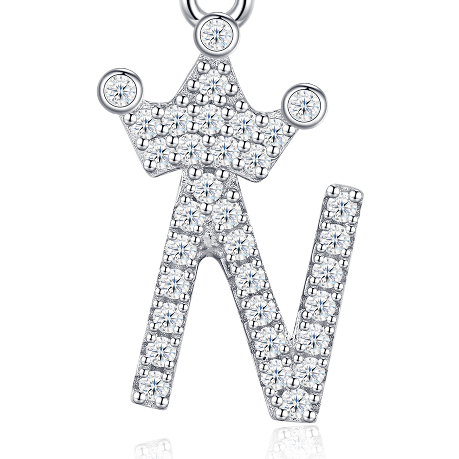 Dainty Initial N Moissanite Crown Pendant Necklace in Sterling Silver — detail