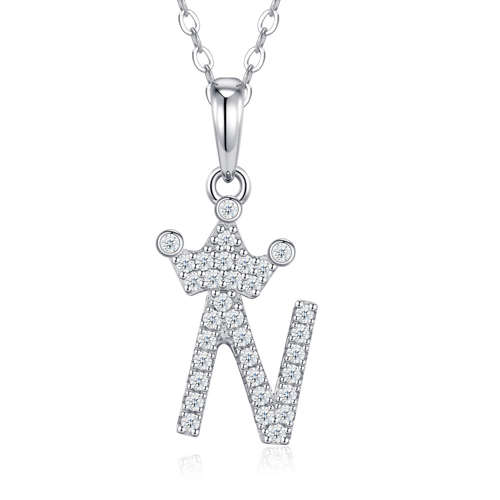 Dainty Initial N Moissanite Crown Pendant Necklace in Sterling Silver