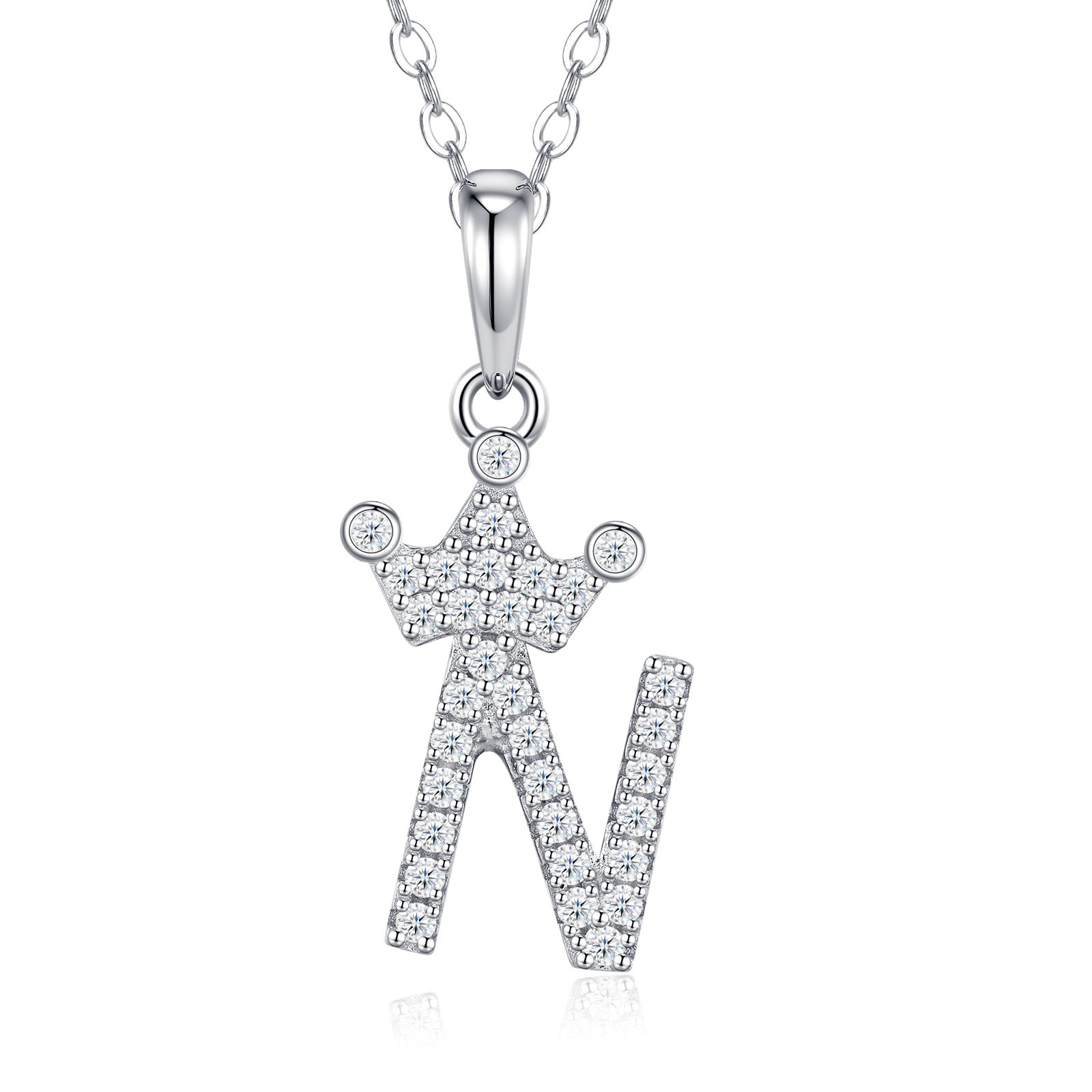 Dainty Initial N Moissanite Crown Pendant Necklace in Sterling Silver