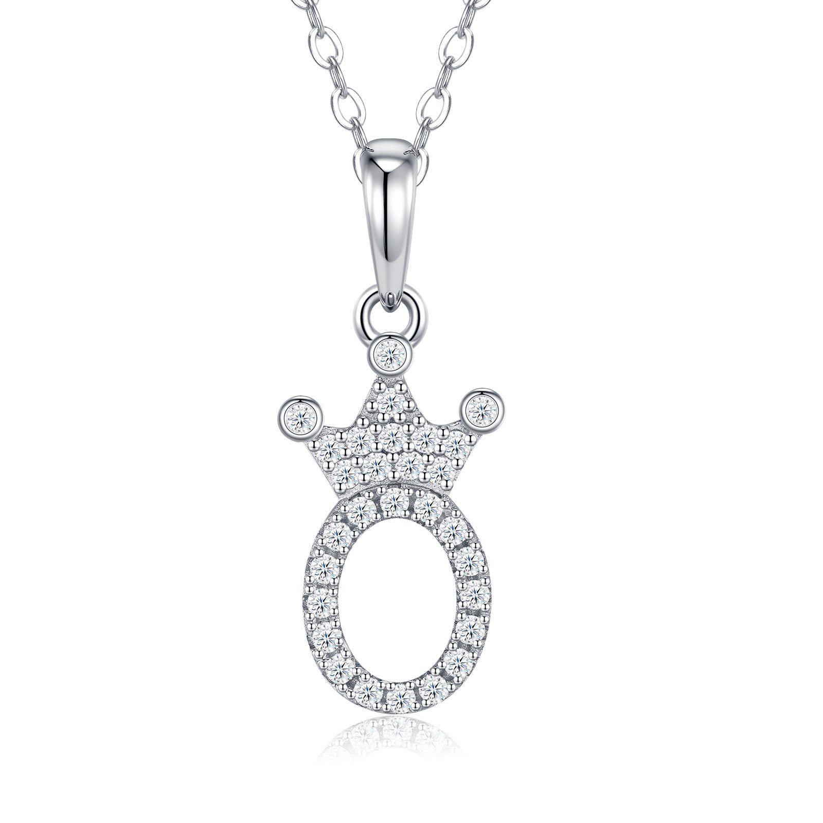 Dainty Initial O Moissanite Crown Pendant Necklace in Sterling Silver