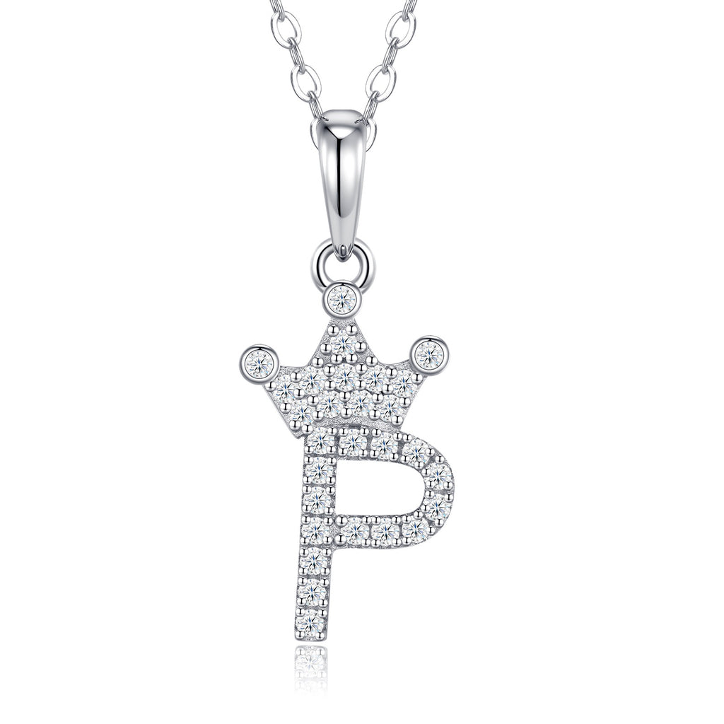 Dainty Initial P Moissanite Crown Pendant Necklace in Sterling Silver