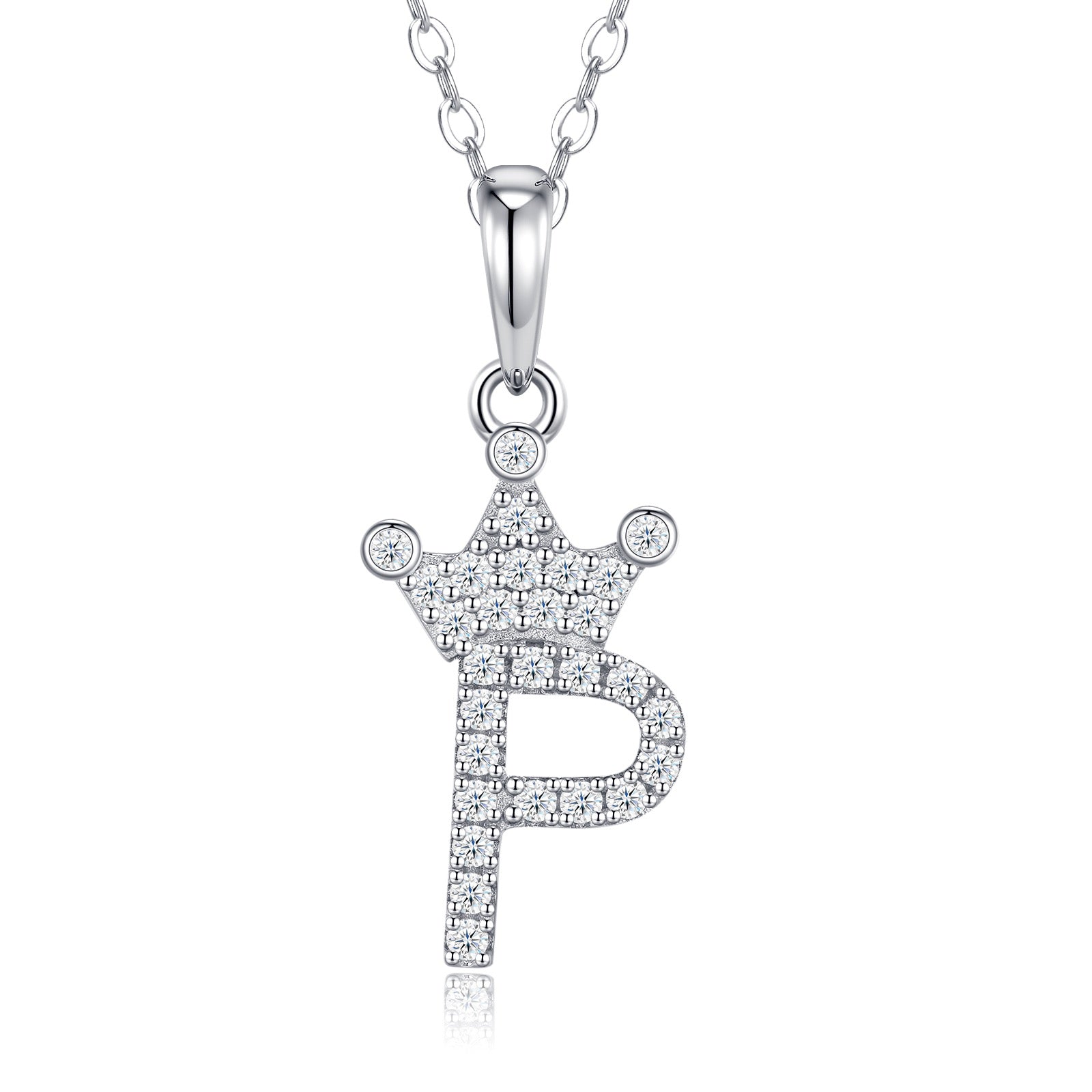 Dainty Initial P Moissanite Crown Pendant Necklace in Sterling Silver