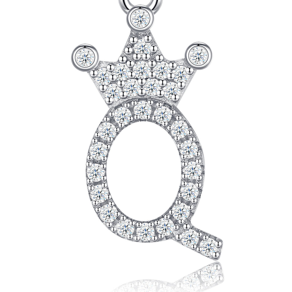 Dainty Initial Q Moissanite Crown Pendant Necklace in Sterling Silver — detail