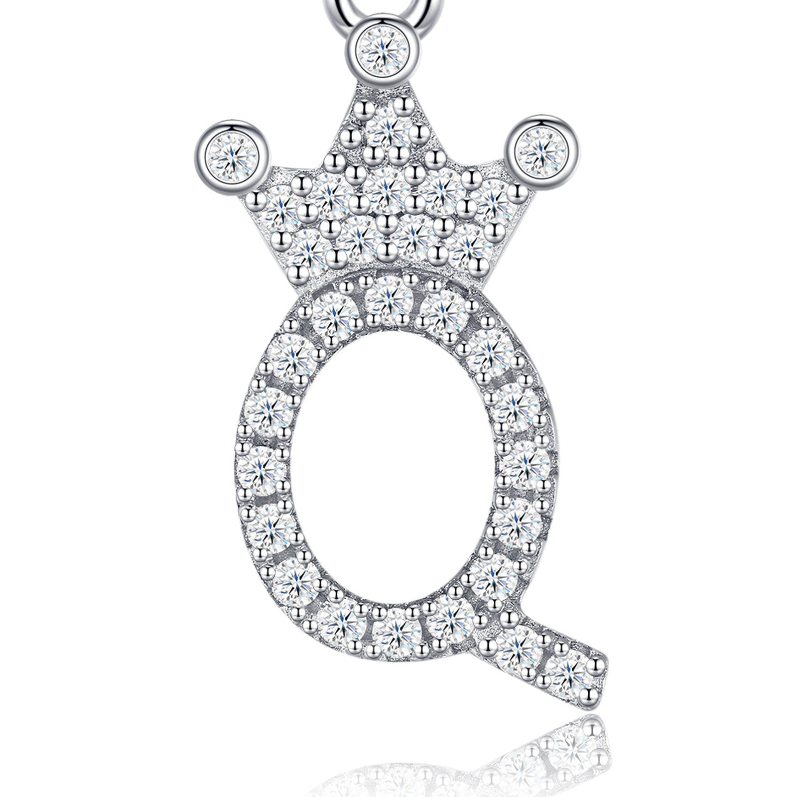 Dainty Initial Q Moissanite Crown Pendant Necklace in Sterling Silver — detail