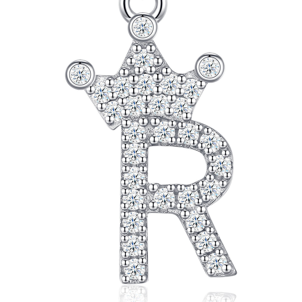 Dainty Initial R Moissanite Crown Pendant Necklace in Sterling Silver — detail