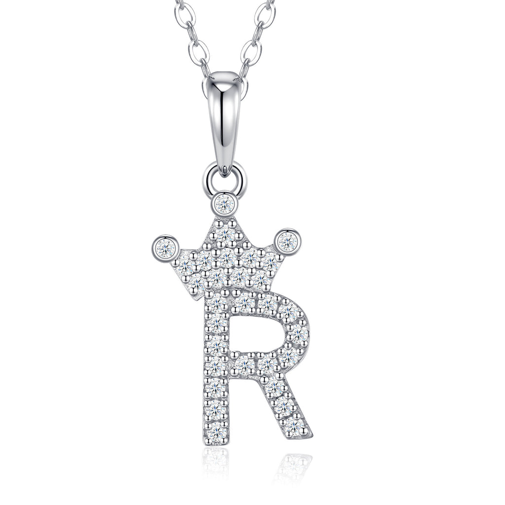 Dainty Initial R Moissanite Crown Pendant Necklace in Sterling Silver
