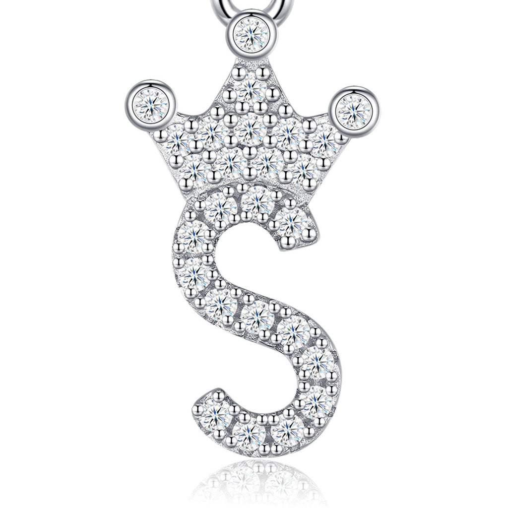Dainty Initial S Moissanite Crown Pendant Necklace in Sterling Silver — detail