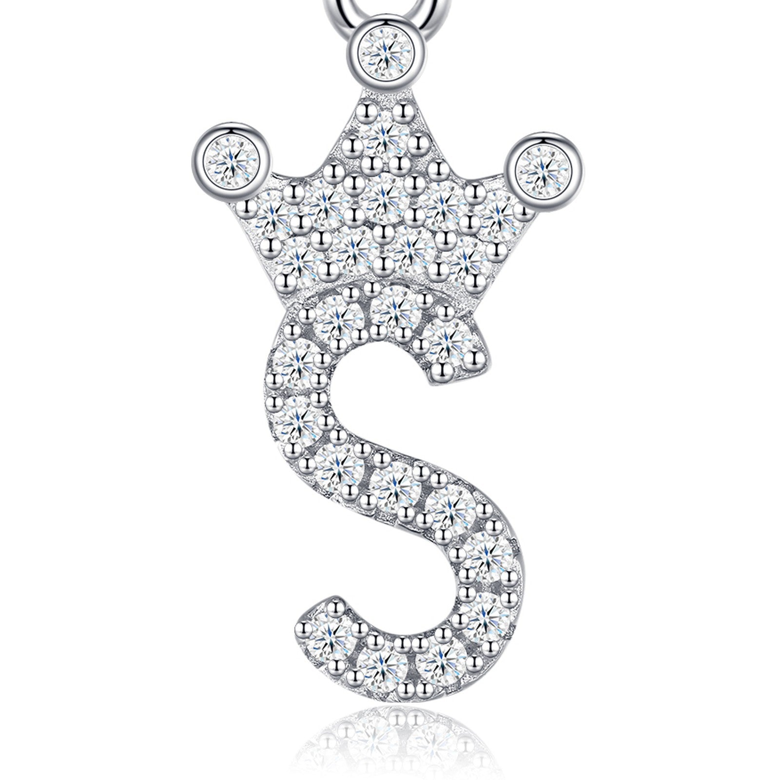 Dainty Initial S Moissanite Crown Pendant Necklace in Sterling Silver — detail