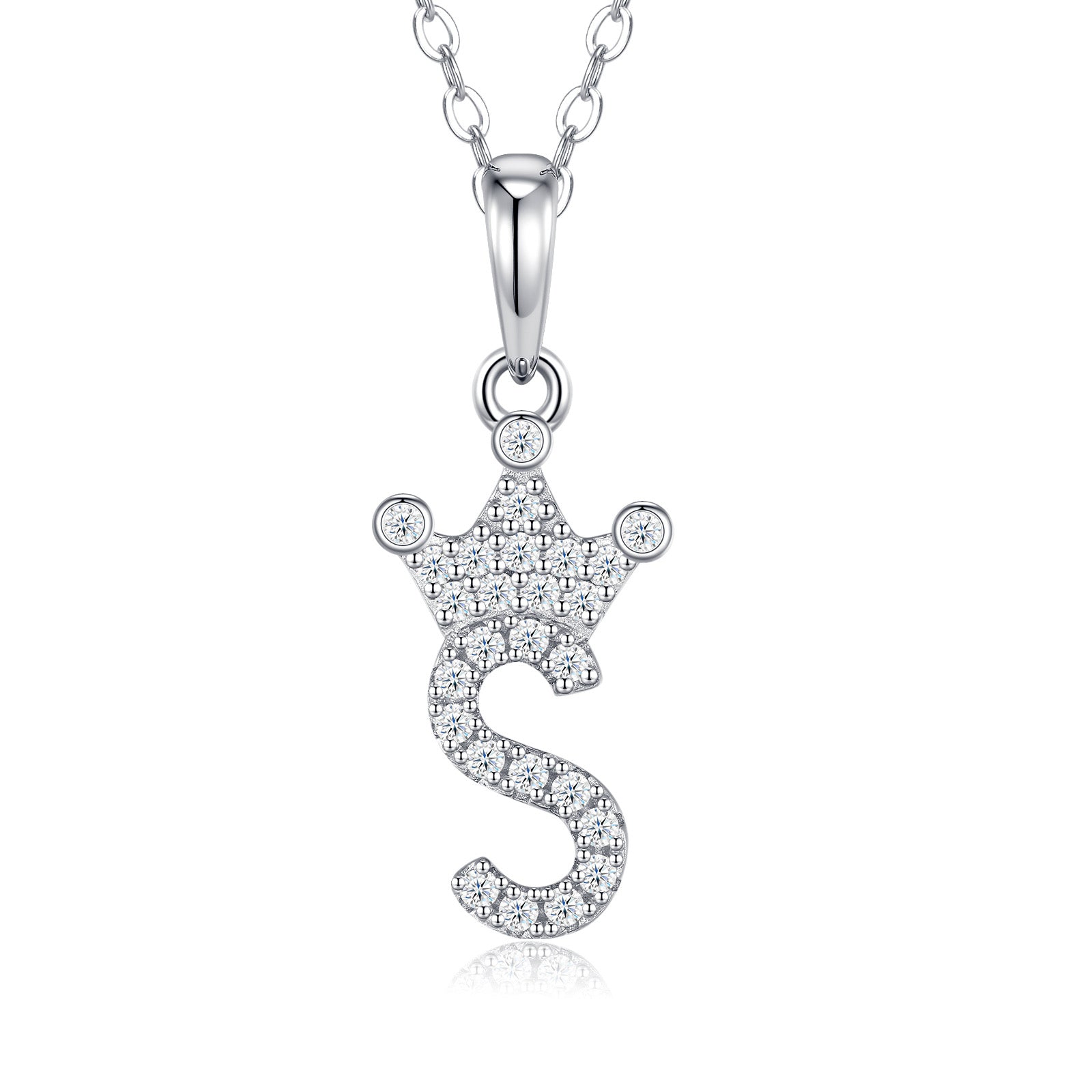 Dainty Initial S Moissanite Crown Pendant Necklace in Sterling Silver