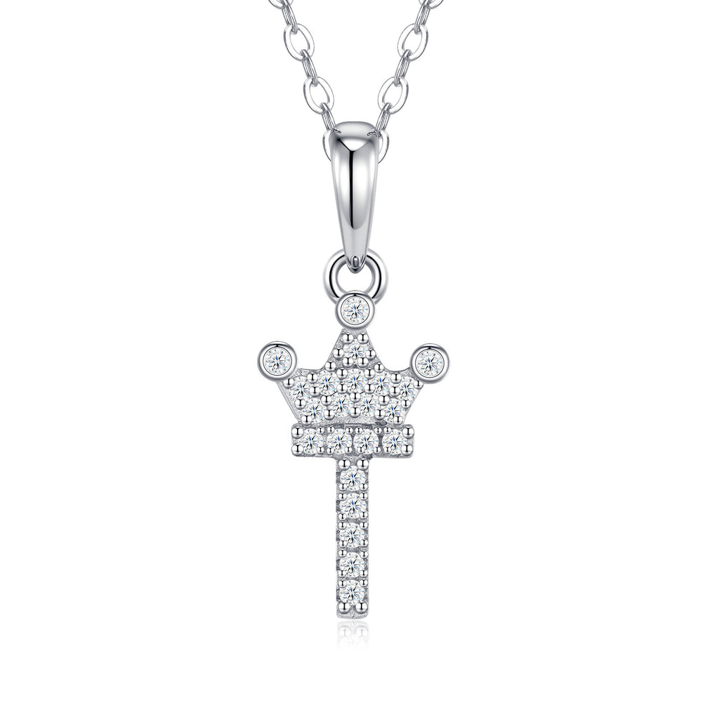 Dainty Initial T Moissanite Crown Pendant Necklace in Sterling Silver