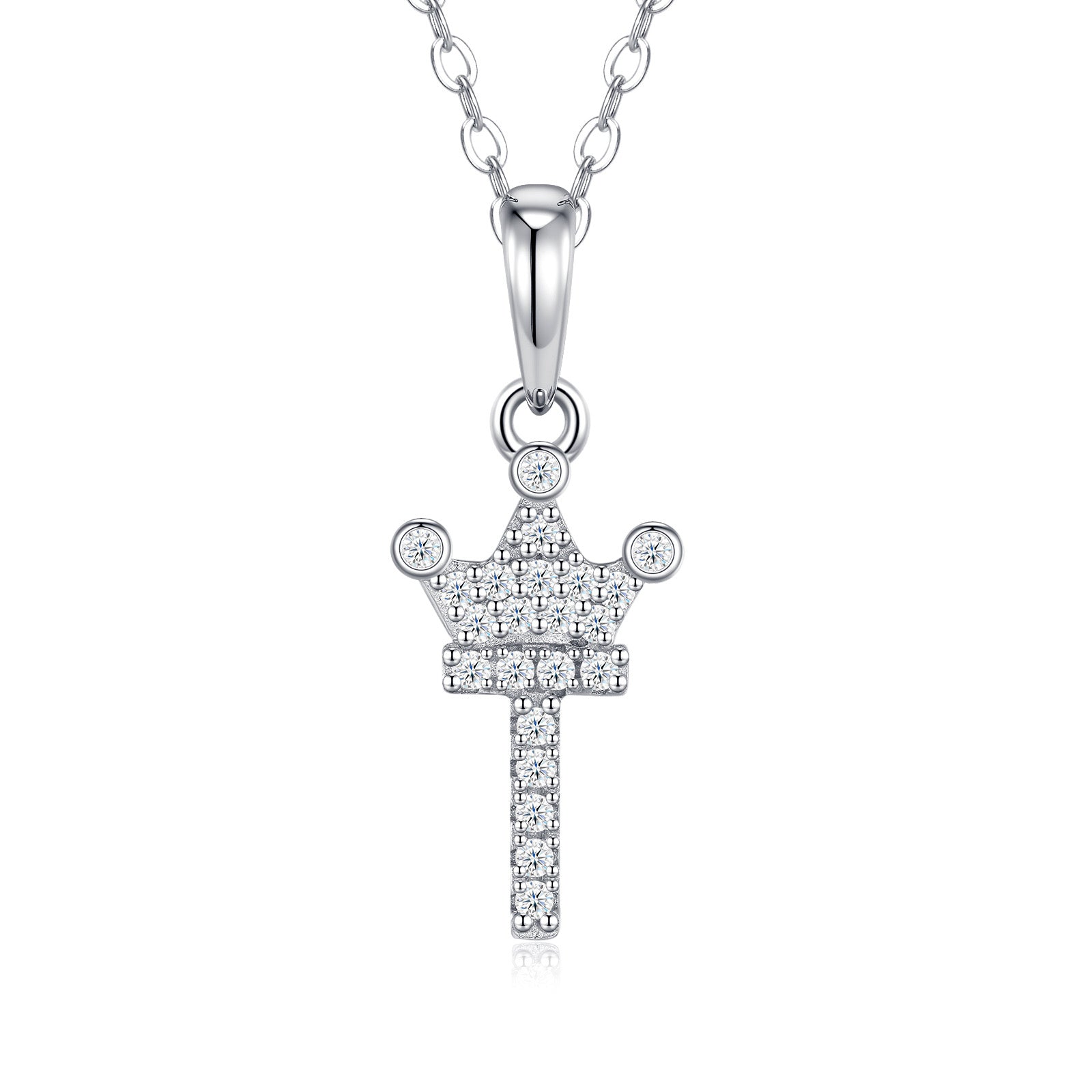 Dainty Initial T Moissanite Crown Pendant Necklace in Sterling Silver