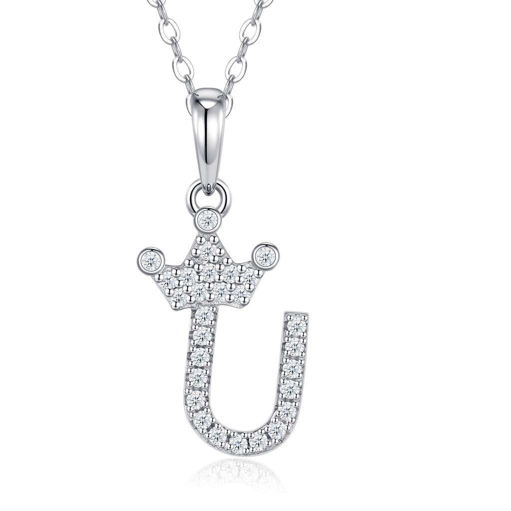 Dainty Initial U Moissanite Crown Pendant Necklace in Sterling Silver