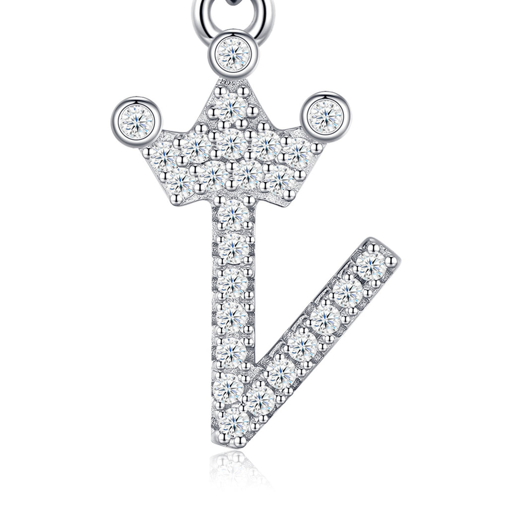 Dainty Initial V Moissanite Crown Pendant Necklace in Sterling Silver — detail