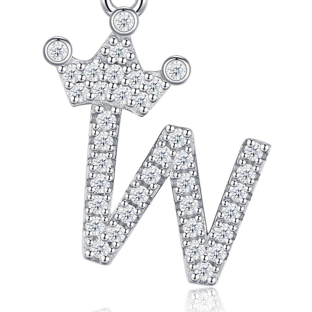 Dainty Initial W Moissanite Crown Pendant Necklace in Sterling Silver — detail