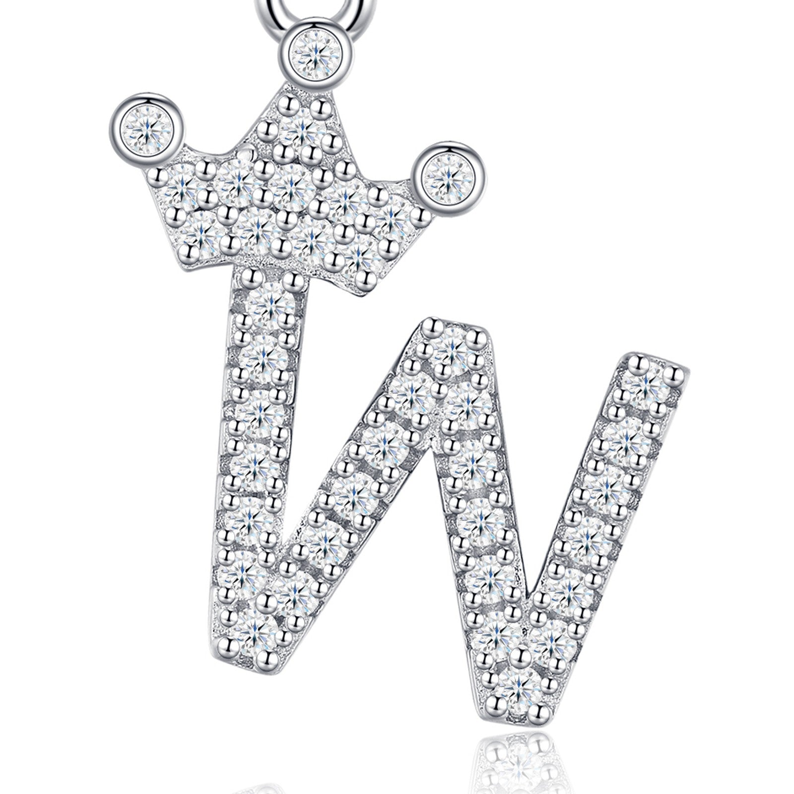 Dainty Initial W Moissanite Crown Pendant Necklace in Sterling Silver — detail