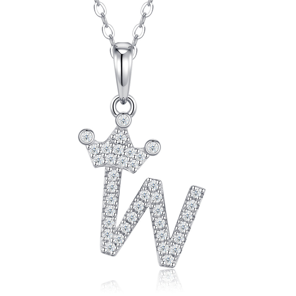 Dainty Initial W Moissanite Crown Pendant Necklace in Sterling Silver