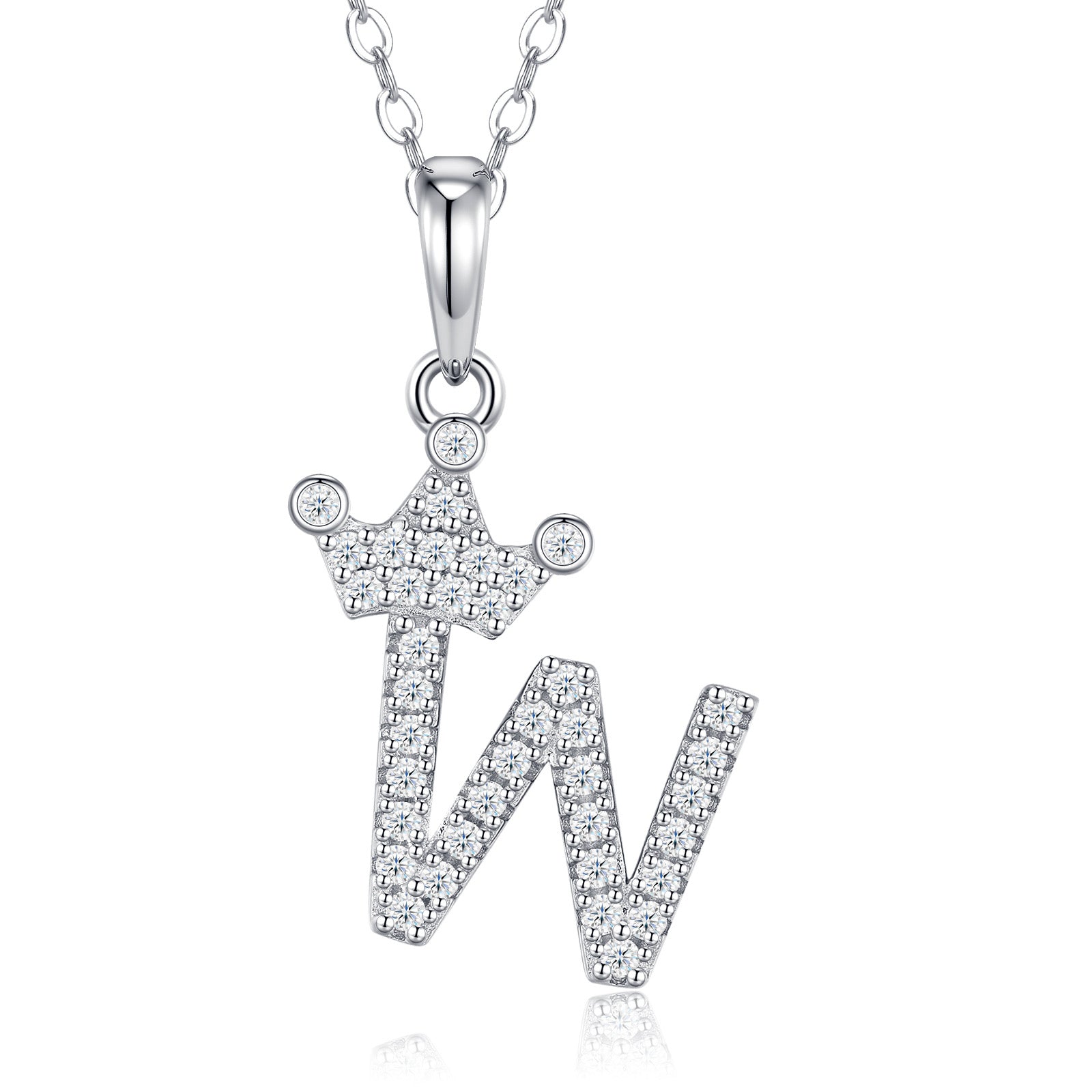 Dainty Initial W Moissanite Crown Pendant Necklace in Sterling Silver