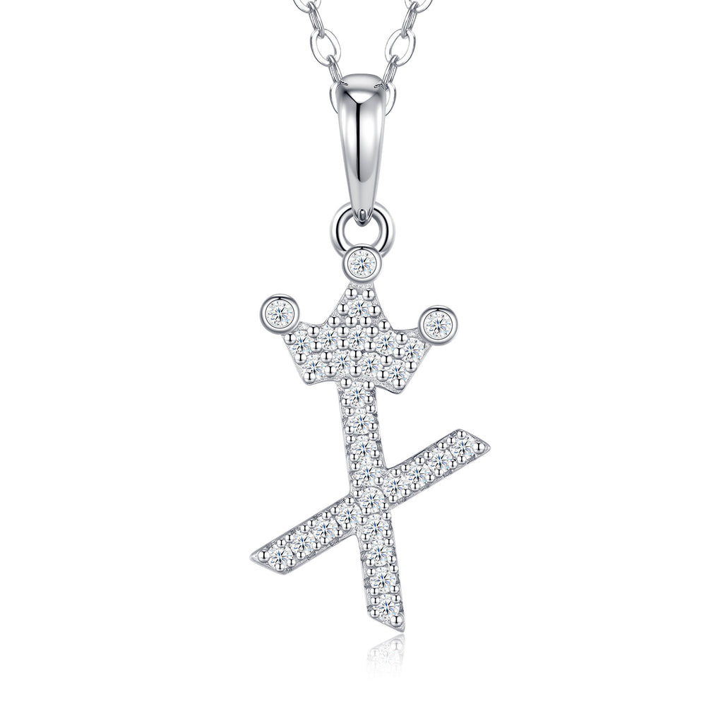 Dainty Initial X Moissanite Crown Pendant Necklace in Sterling Silver