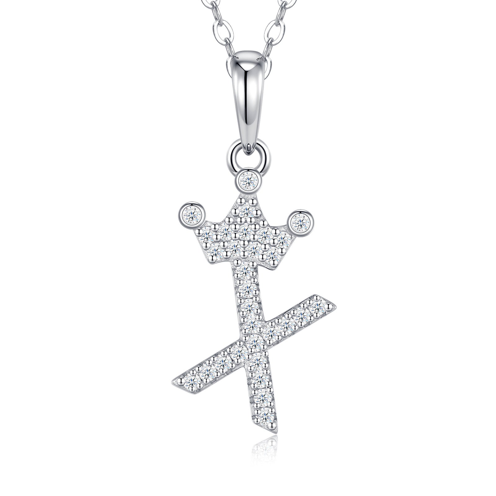 Dainty Initial X Moissanite Crown Pendant Necklace in Sterling Silver