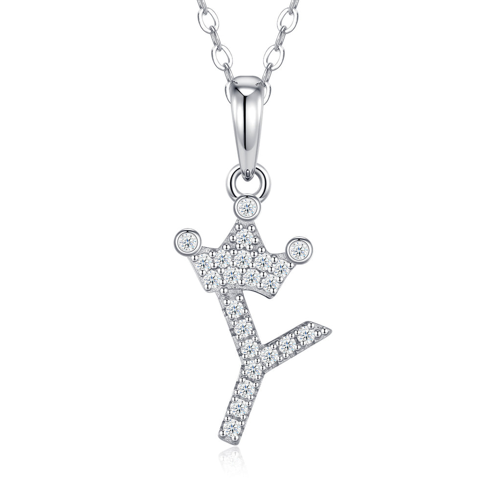 Dainty Initial Y Moissanite Crown Pendant Necklace in Sterling Silver