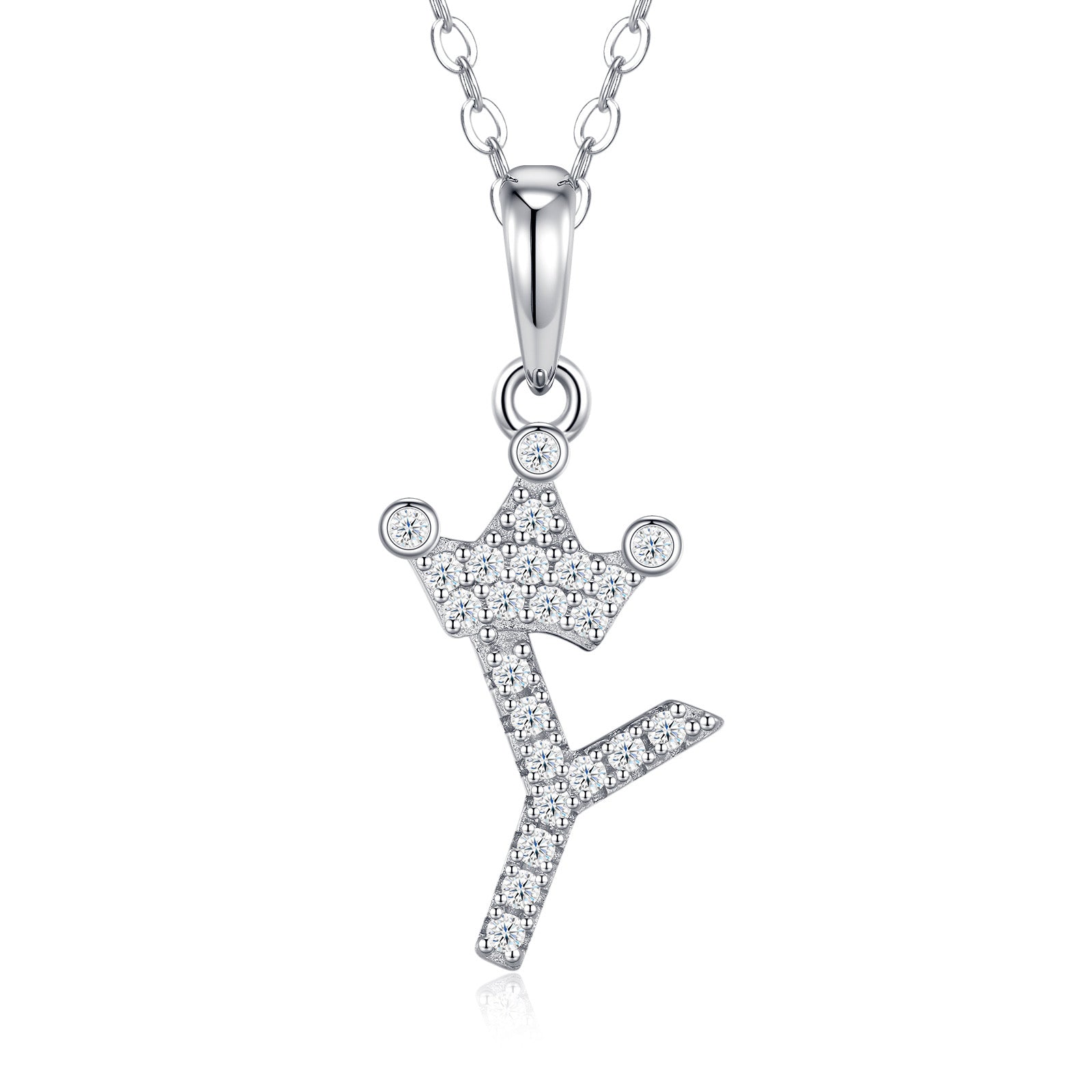 Dainty Initial Y Moissanite Crown Pendant Necklace in Sterling Silver