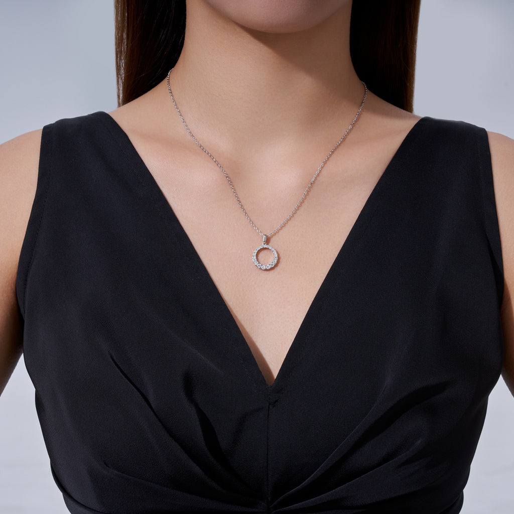 Anello Moissanite Circle Pendant Necklace in Sterling Silver, shown worn