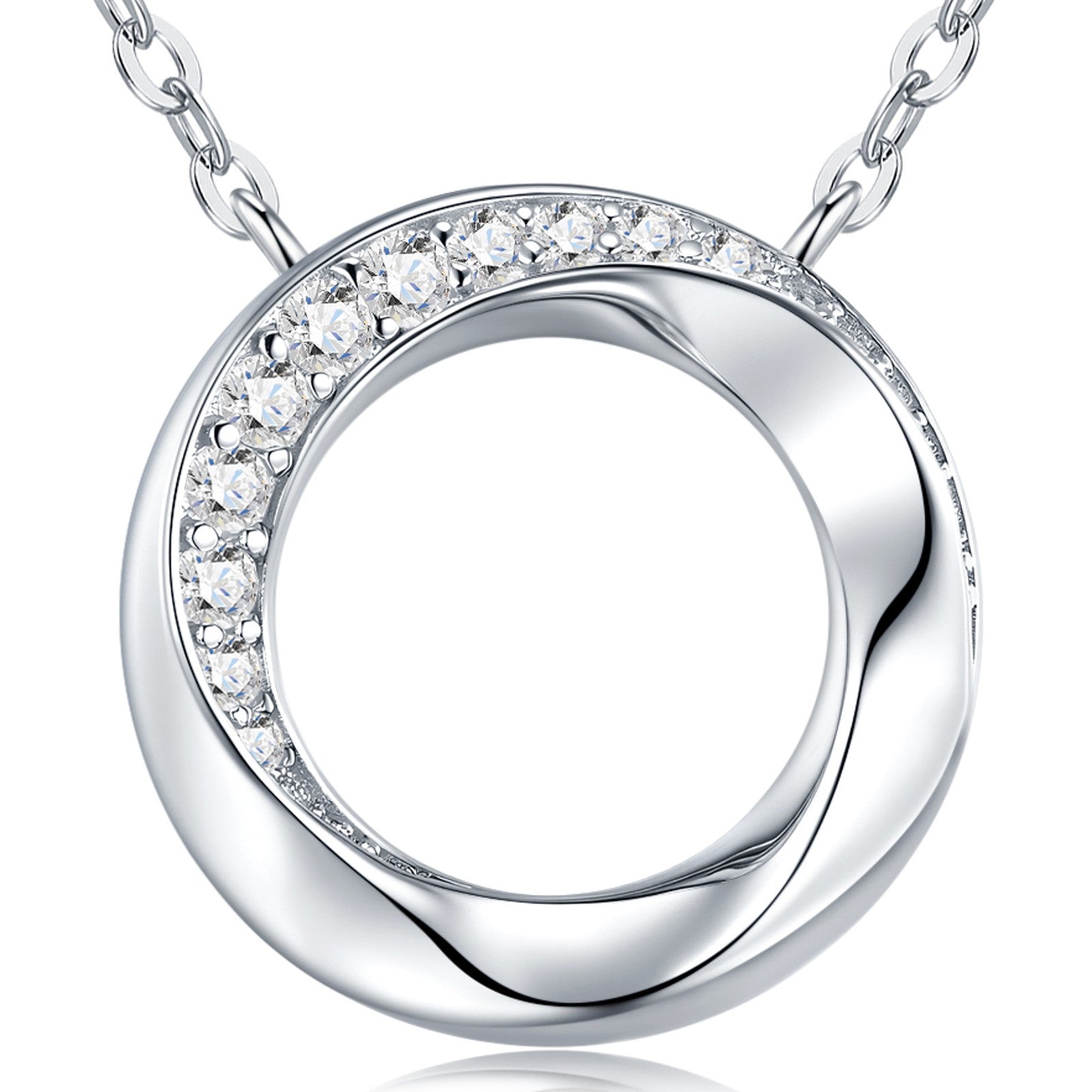 Twist Moissanite Circle Pendant Necklace in Sterling Silver — detail