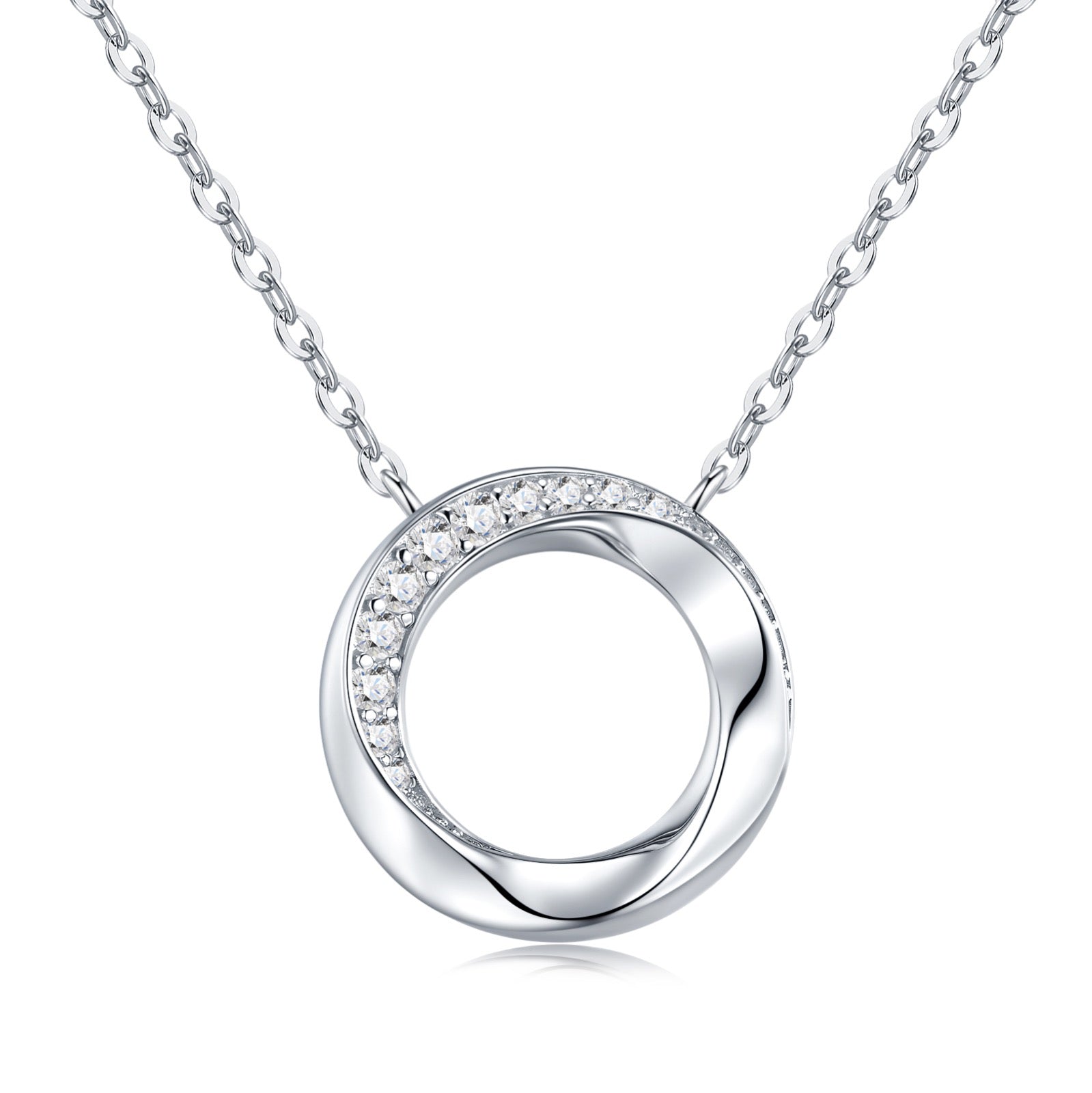 Twist Moissanite Circle Pendant Necklace in Sterling Silver