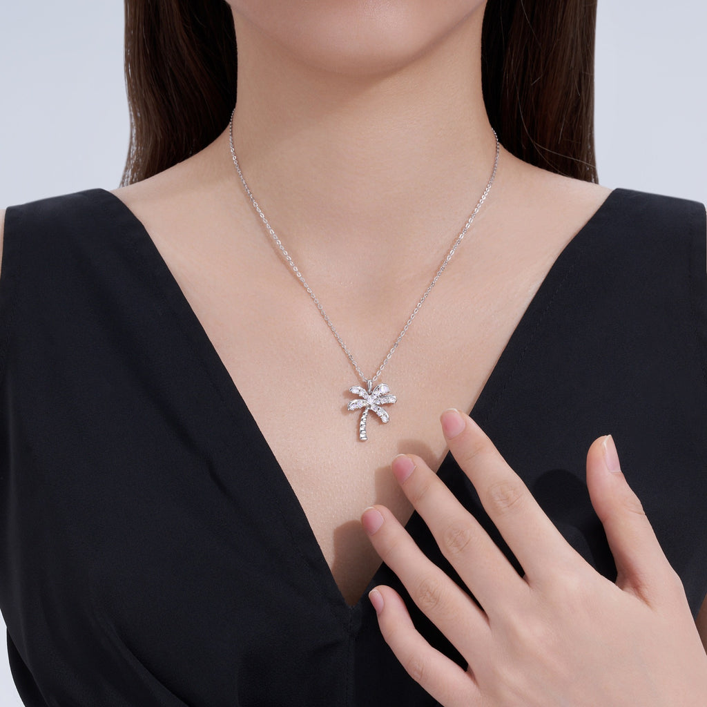 Palm Moissanite Palm Tree Pendant Necklace in Sterling Silver