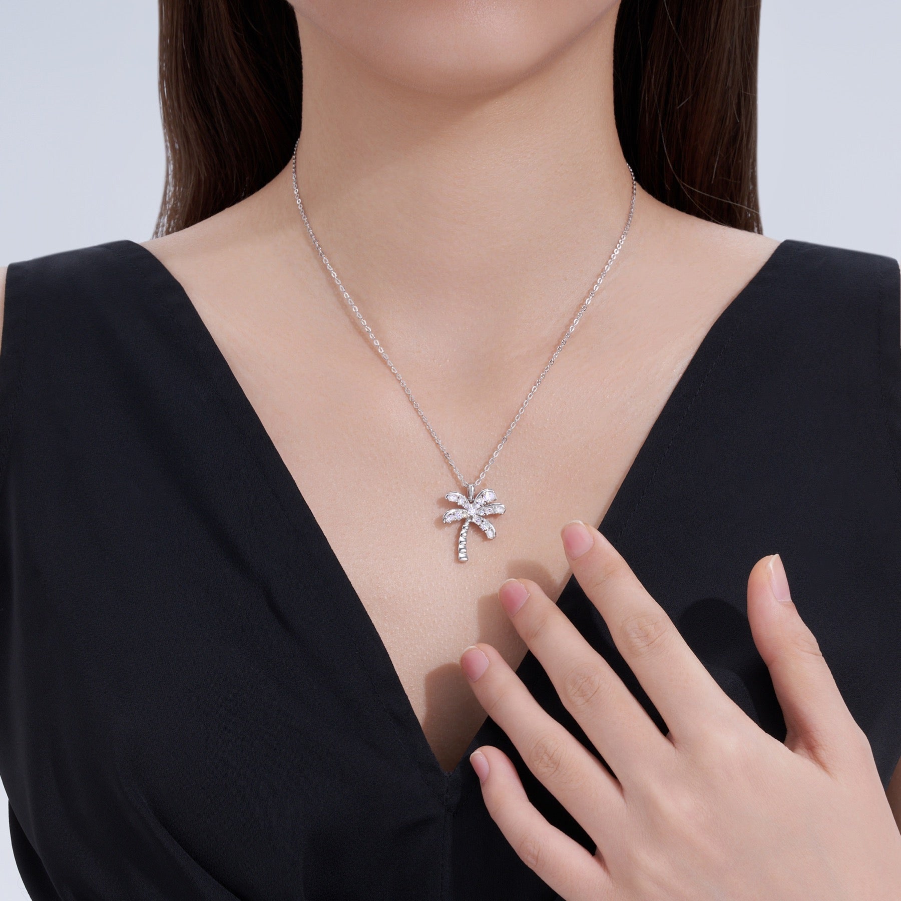 Palm Moissanite Palm Tree Pendant Necklace in Sterling Silver