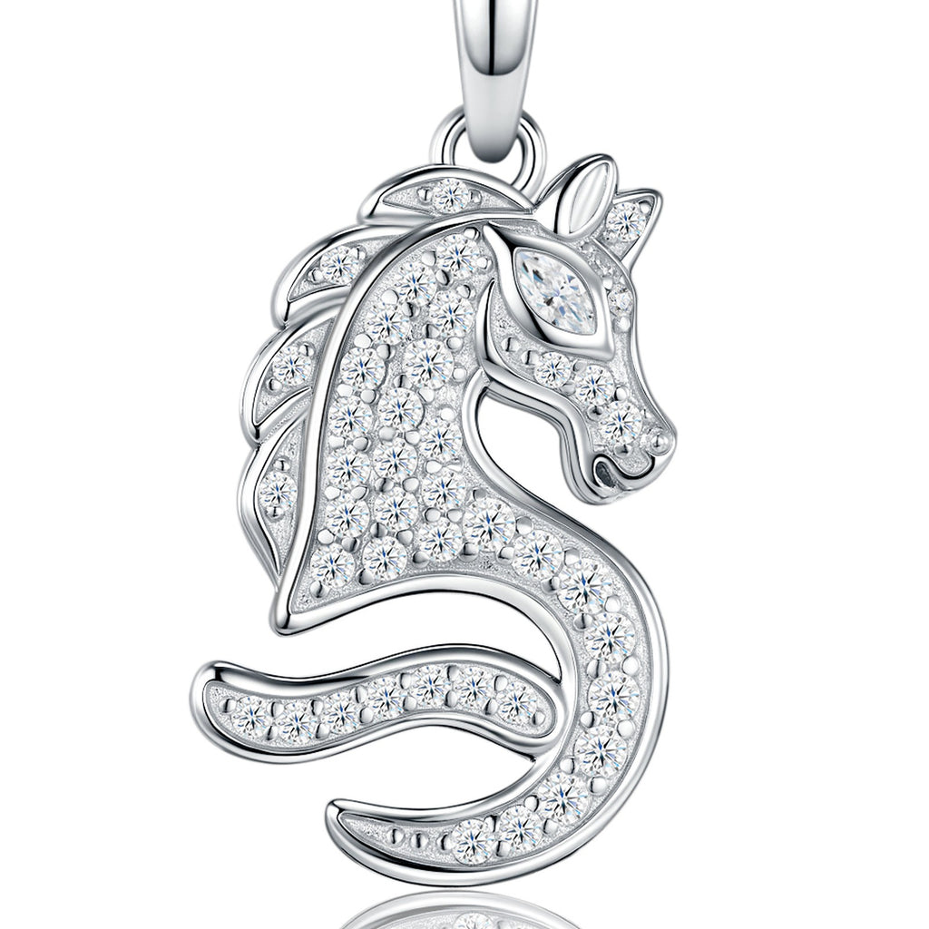 Neptune Moissanite Seahorse Pendant Necklace in Sterling Silver — detail
