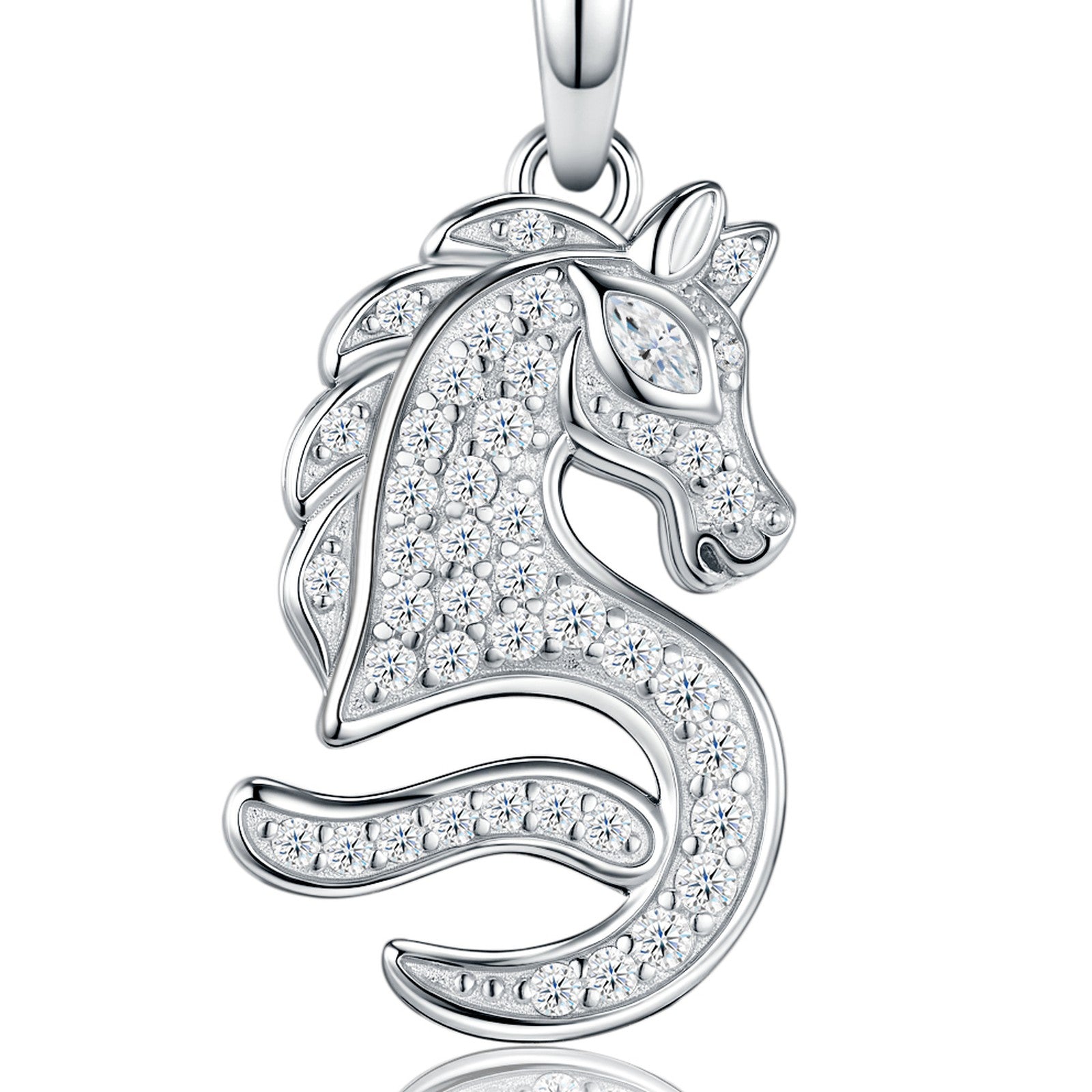 Neptune Moissanite Seahorse Pendant Necklace in Sterling Silver — detail