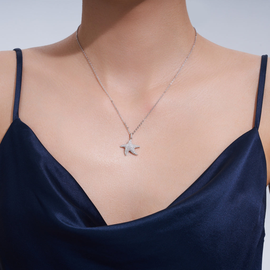 Estrella Moissanite Starfish Pendant Necklace in Sterling Silver