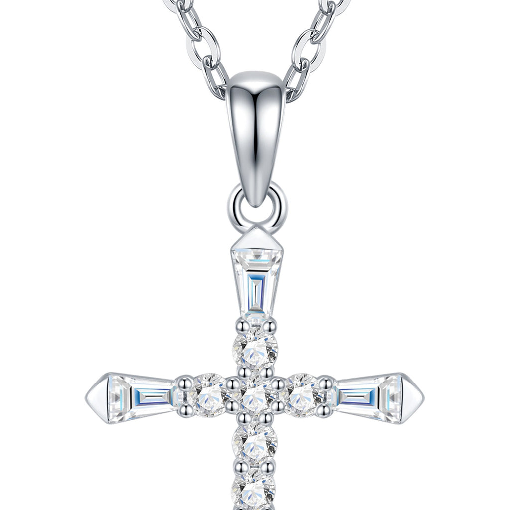 Amen Moissanite Cross Necklace in Sterling Silver — detail