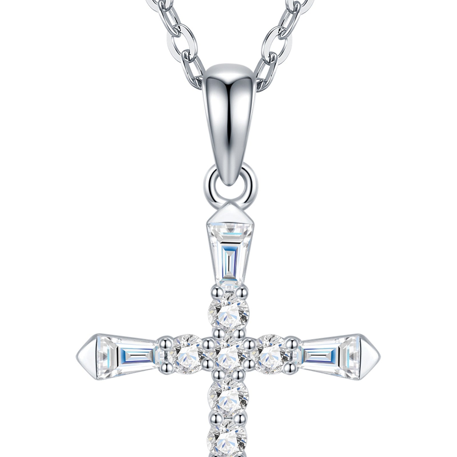 Amen Moissanite Cross Necklace in Sterling Silver — detail