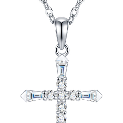 Amen Moissanite Cross Necklace in Sterling Silver — detail