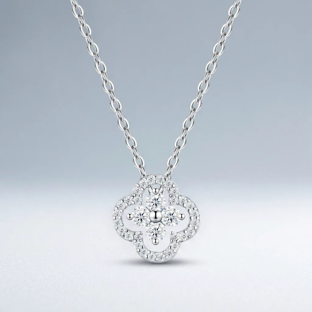 Fleurette Moissanite Clover Pendant Necklace in Sterling Silver